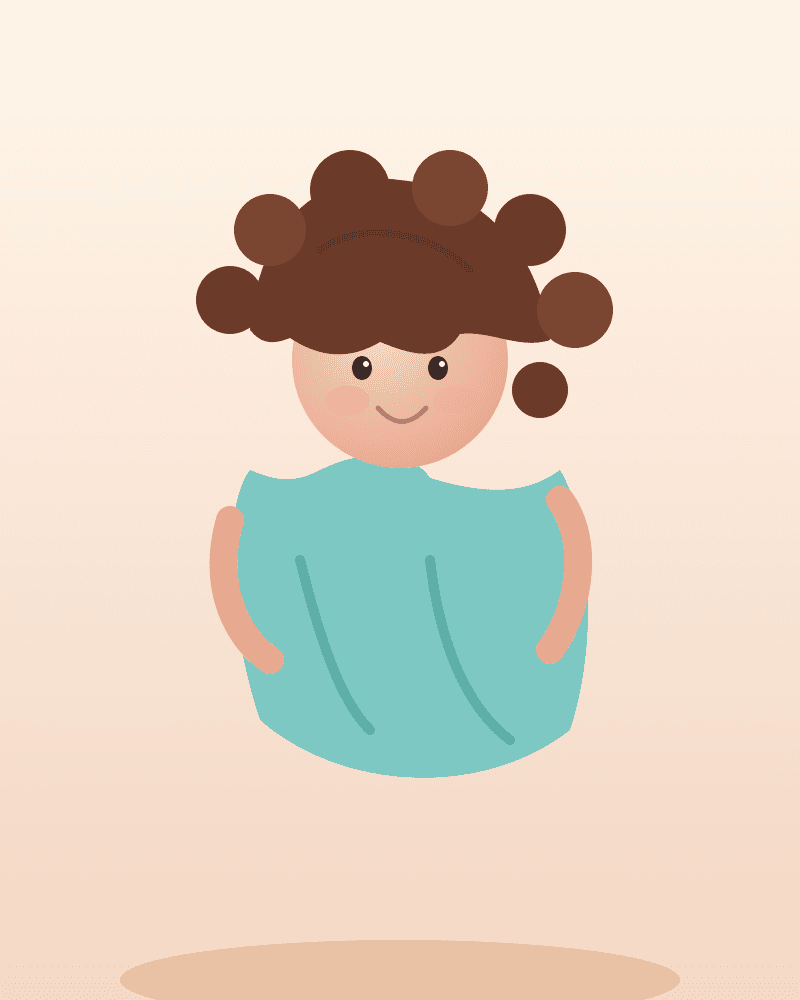 Illustrated portrait of a smiling girl with curly hair in a teal dress